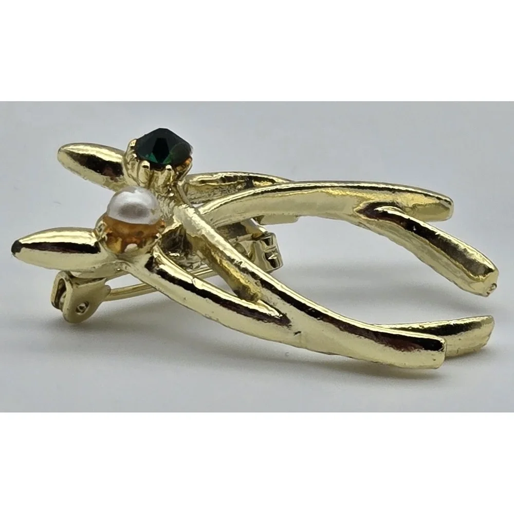 Vintage Gold Tone Wishbone Brooch Lucky‎ Charm Faux Pearl Green Rhinestone Pin